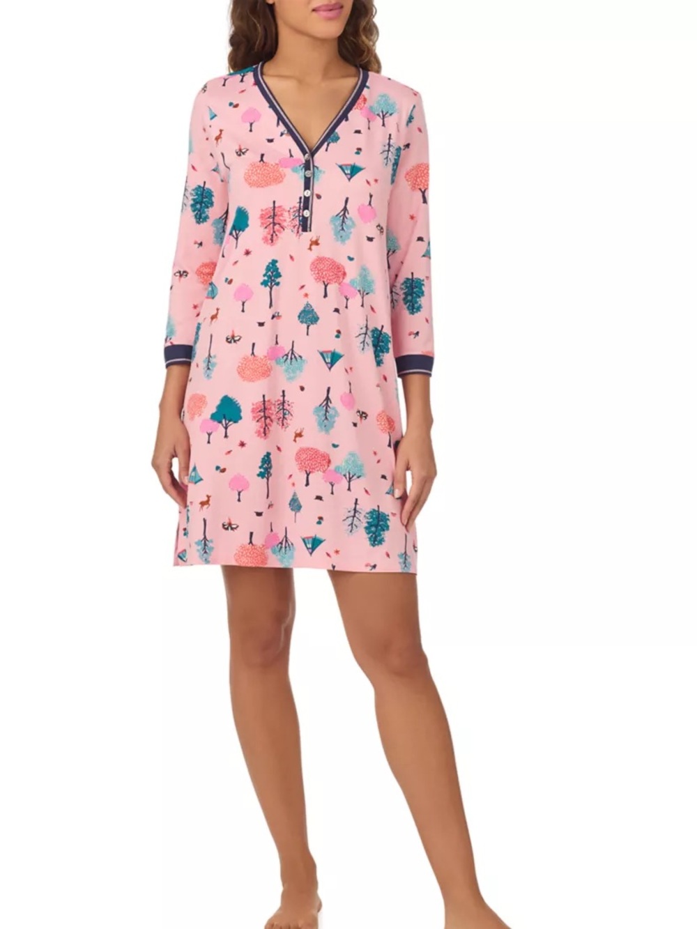 Cuddl Duds Pink Printed V-Neck 3/4 Sleeve Sleep Dress Small